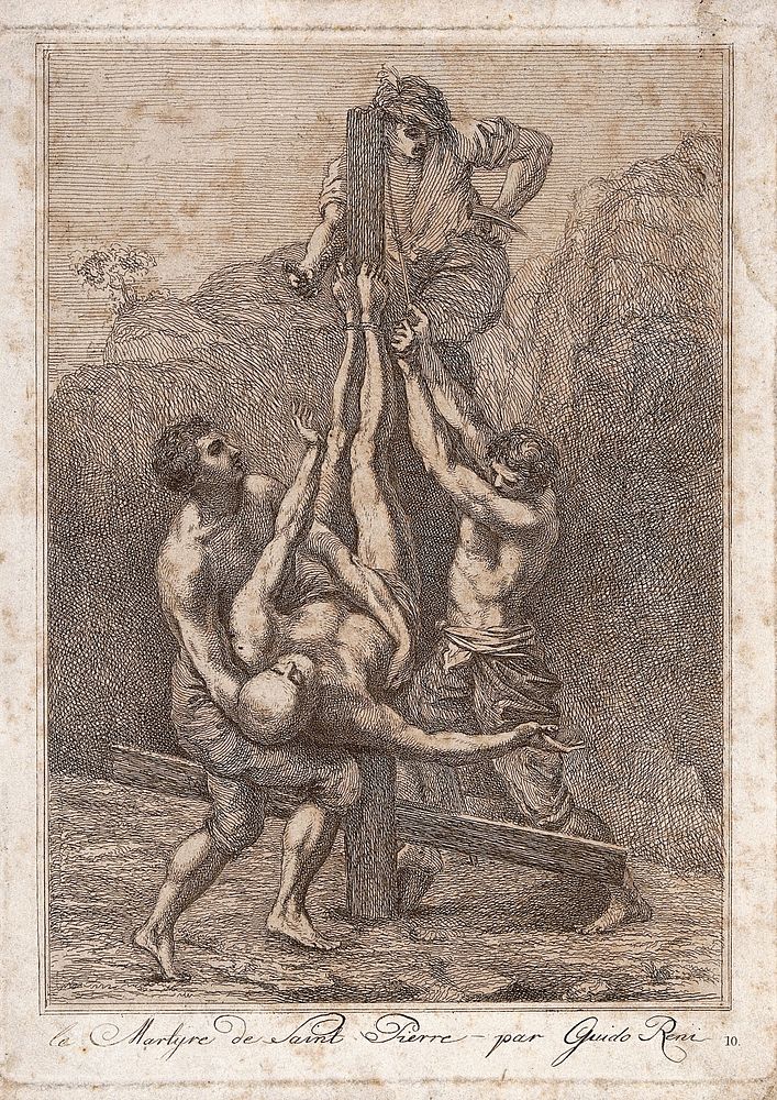Martyrdom of Saint Peter. Etching after G. Reni.