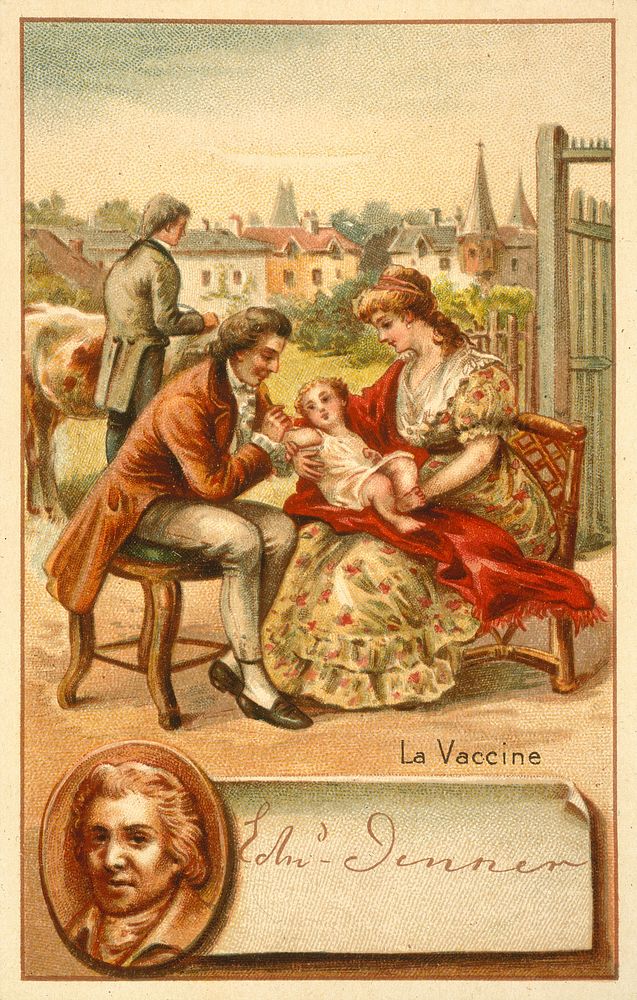 Edward Jenner vaccinating a young child, held by its mother, with a man behind taking cowpox from a cow. Chromolithograph.