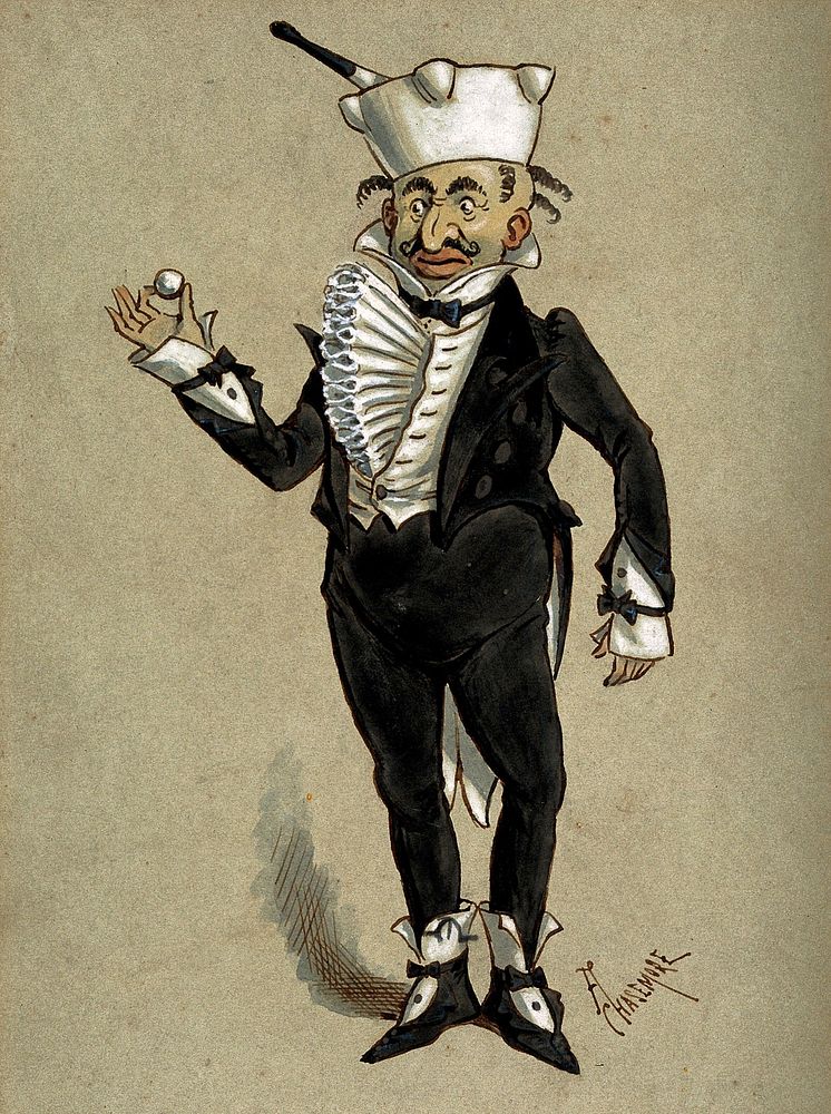 A theatrical figure in a tuxedo supporting a pestle and mortar as a hat and holding a large pill. Watercolour painting.