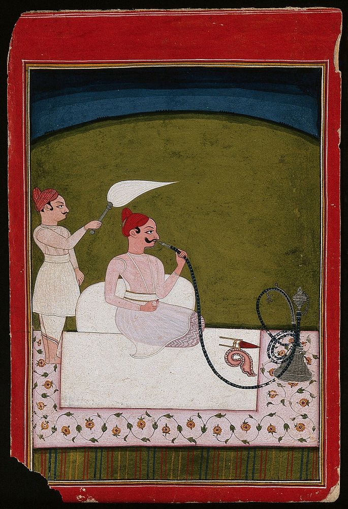 Maharaja Saudan Singh  smoking a hookah, while an attendant with a fly whisk stands behind him. Gouache painting by an…