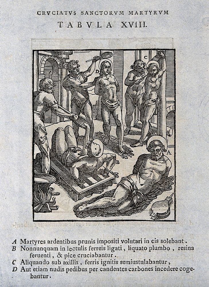 Martyrdom of male saints by various methods. Woodcut.