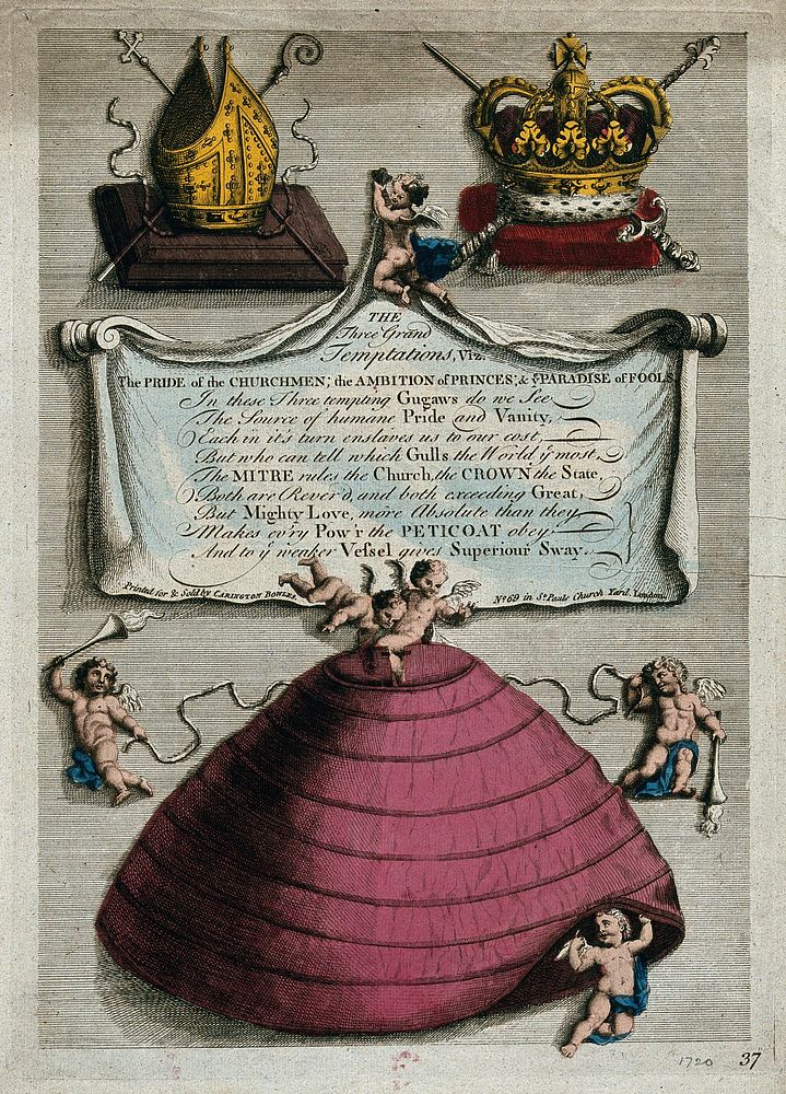 Small winged boys are flying around a large petticoat with an inscription under a bishop's mitre, rod and cross and a…