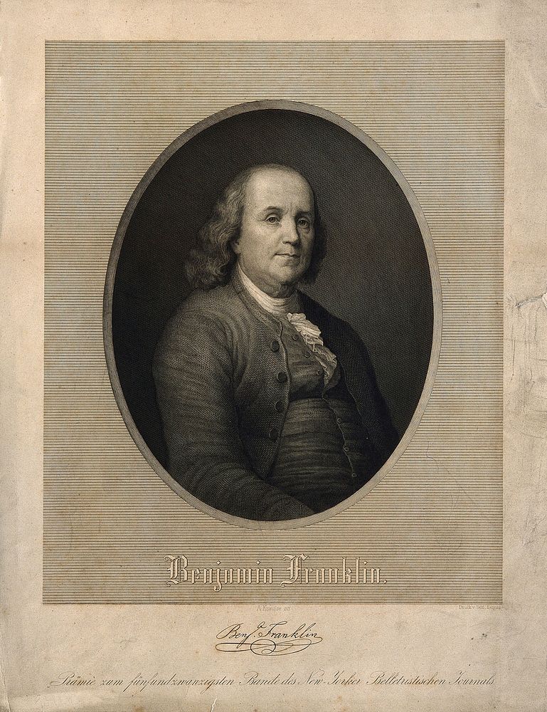 Benjamin Franklin. Line engraving by A. Krausse.