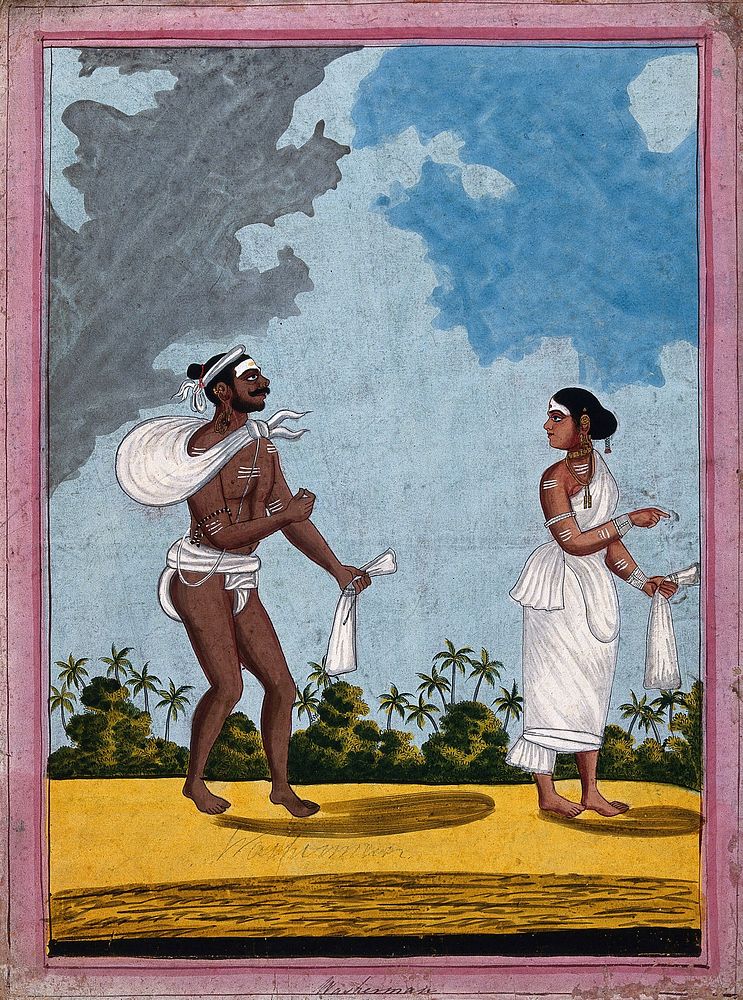 Indian washerman and wife. Gouache drawing.