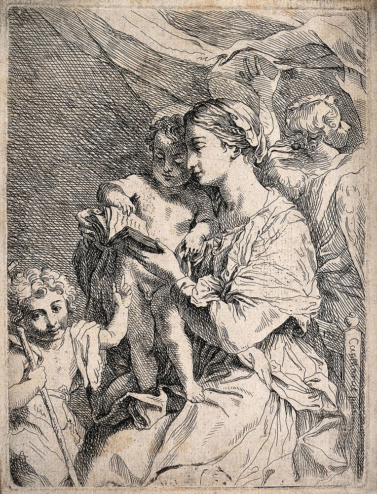 Saint Mary (the Blessed Virgin) with the Christ Child, Saint John the Baptist and an angel. Etching by or after C. Maratta.