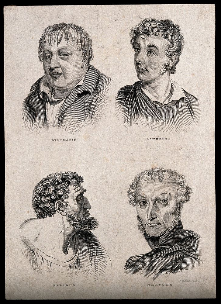 Four heads of men who each exhibit one of the four temperaments: (clockwise from top left) lymphatic, sanguine, bilious, and…