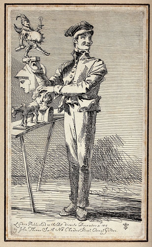 An itinerant salesman selling small reproductions of antique and modern sculptures. Etching by J.T. Smith, 1815.