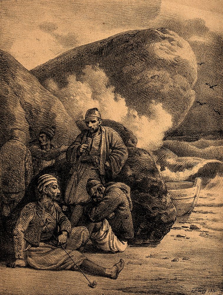 A group of men wait by the rocks on a beach with a small boat nearby. Lithograph by G. Engelmann.