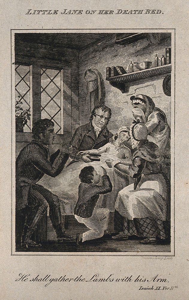 A little girl (Jane) lies dying, surrounded by her family who weep and grieve. Line engraving by Brown.