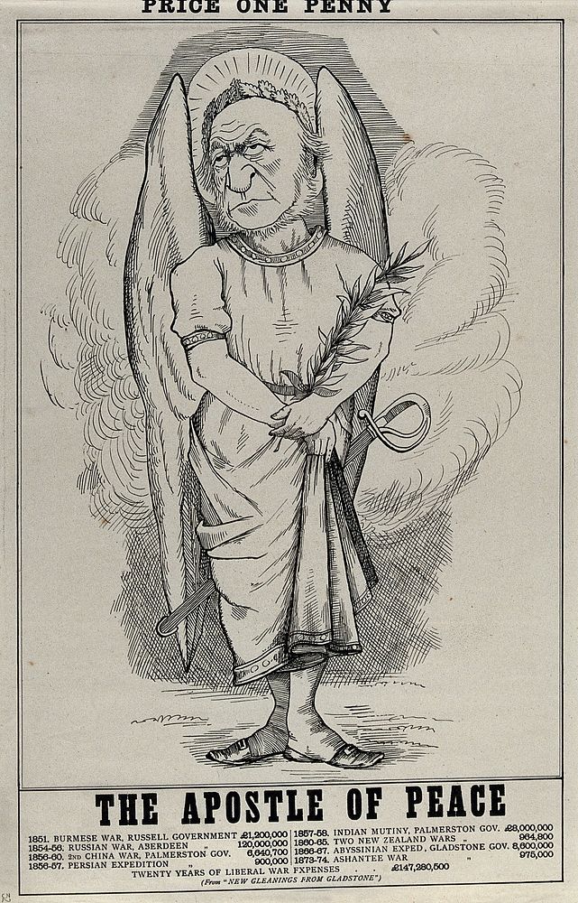 William Gladstone, amid clouds, dressed as an angel with a sword. Engraving, ca. 1880.
