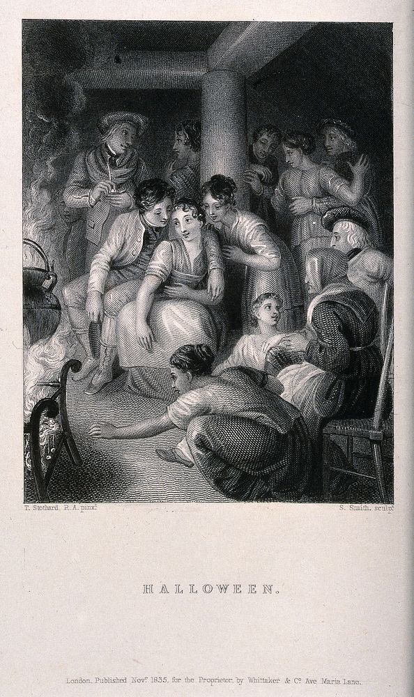 An old woman is sitting on a chair with young people around in groups and a large cauldron on an open fire. Engraving by S.…