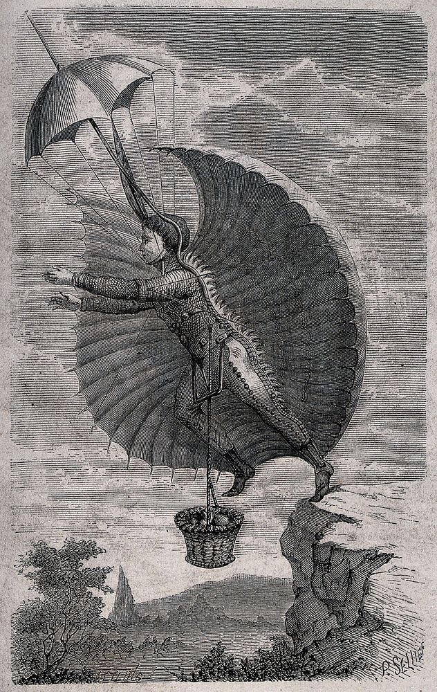 A man with wings strapped to his body, a parachute attached to his head and a basket hanging by ropes from his waist, is…