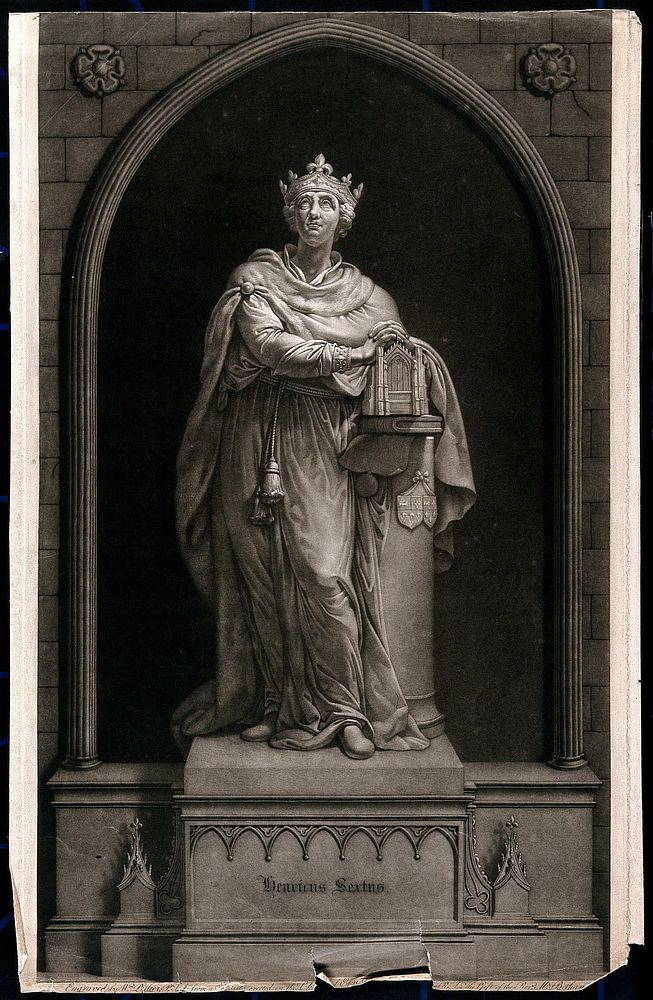 King Henry VI, with his hands clasped above Eton College chapel. Mezzotint by W. Pether after J. Bacon.