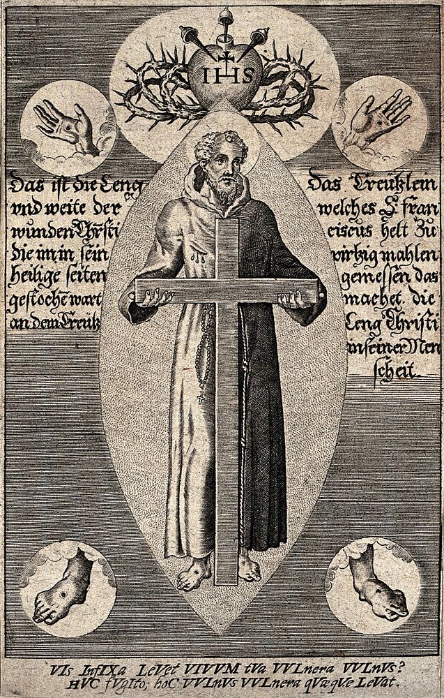 The wounds of Christ and the Instruments of the Passion; Saint Francis presenting the cross which indicates the height of…