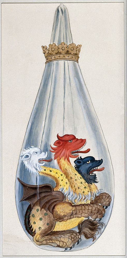 A three headed monster in an alchemical flask, representing the composition of the alchemical philosopher's stone: salt…