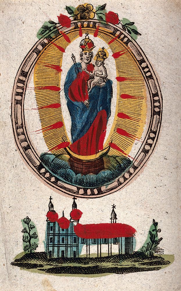 The Virgin of Mariazell above the monastery of Mariazell. Coloured etching.