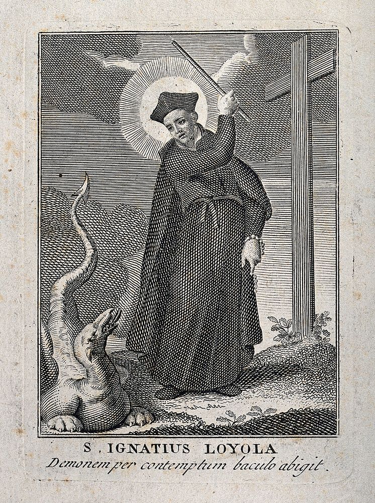Saint Ignatius of Loyola: he drives away with a stick a dragon representing the devil. Engraving.