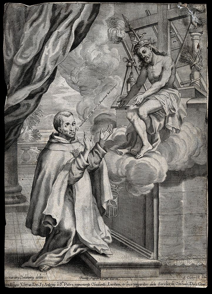 Fr. Antonius à Sancto Petro praying before a vision of Christ's passion. Engraving by A. Clouwet after B. Baldovini.