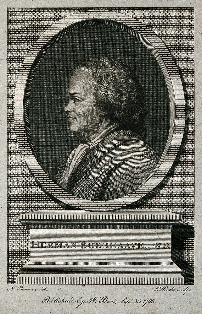 Hermann Boerhaave. Line engraving by J. Heath, 1788, after N. Pruneau, 1773.