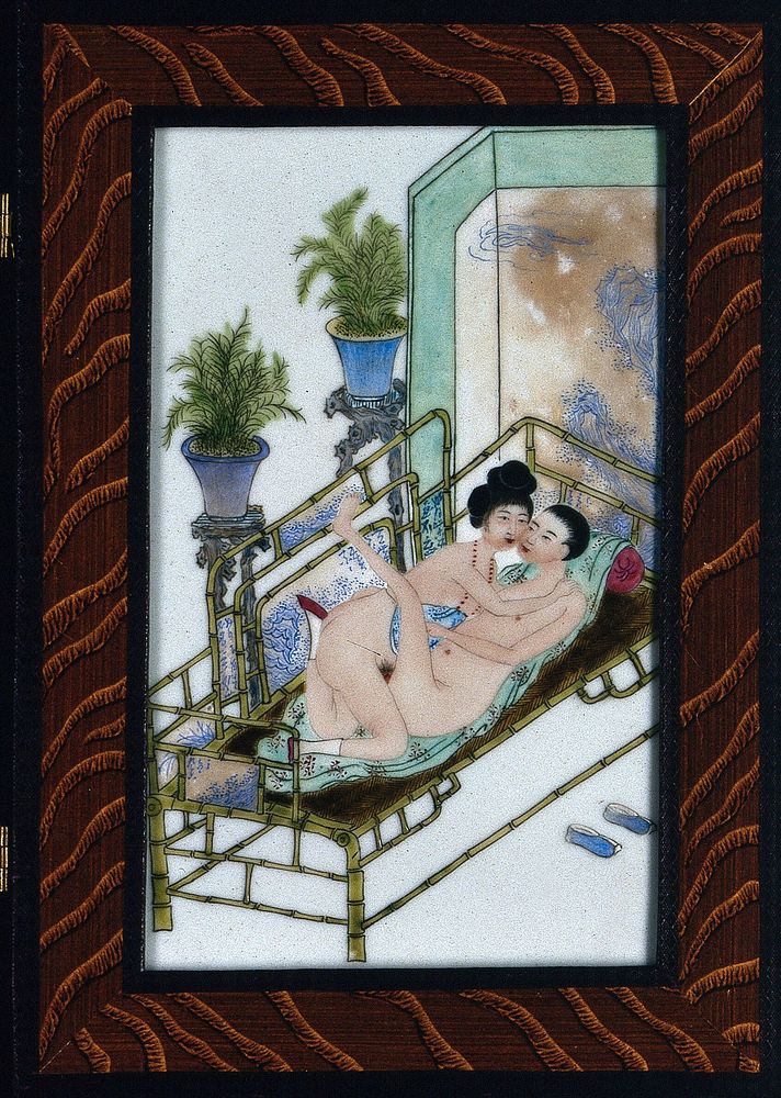 A Japanese erotic scene of a man and a woman having sexual intercourse in a bedroom. Ceramic tile by Japanese craftsman.