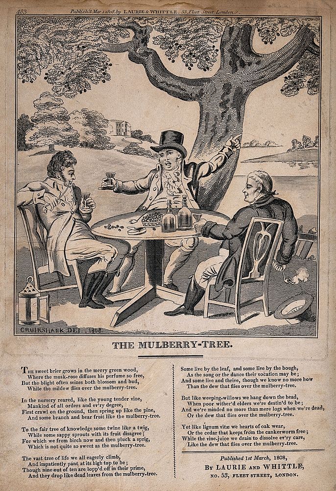 Three men carousing beneath a mulberry tree, with verses of a song comparing the life of humans to the life of a tree.…