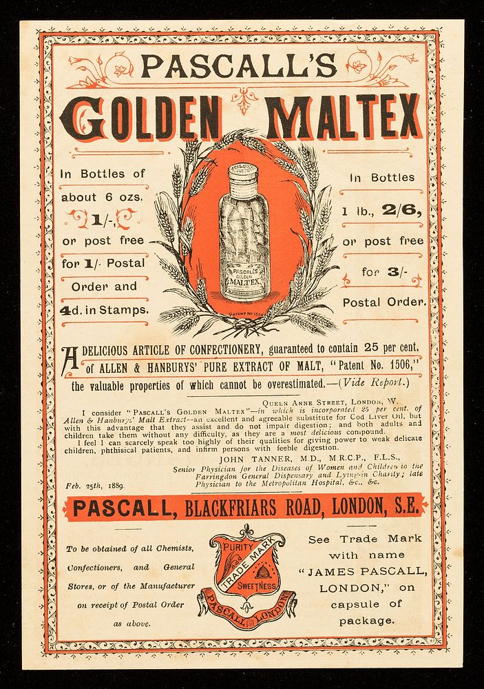 Pascall's Golden Maltex ... : a delicious article of confectionery, guaranteed to contain 25 per cent of Allen & Hanburys'…