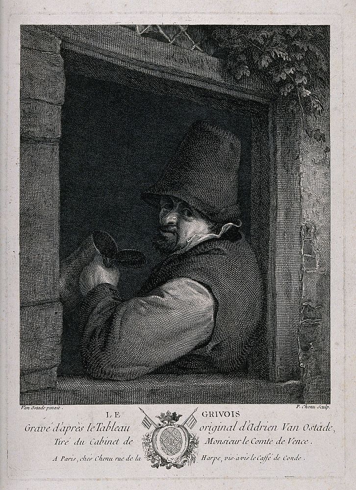 A man with tankard in hand leans by a window. Engraving by P. Chenu, 1756, after A. van Ostade.