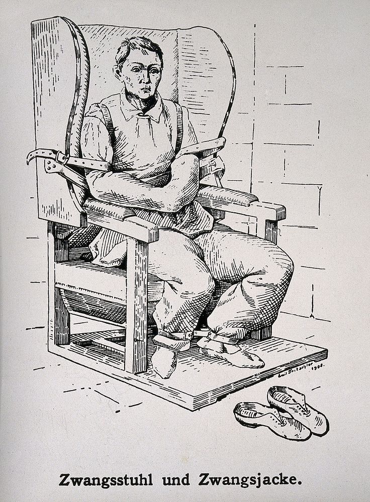 A mental ill patient in a straight jacket and strapped into a chair. Photograph after a wood engraving by E. Tritschler…