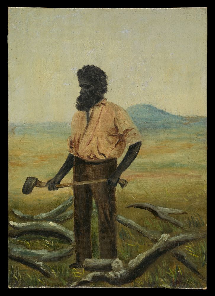 A man with a beard holding an axe to chop the branches of a tree. Oil painting.