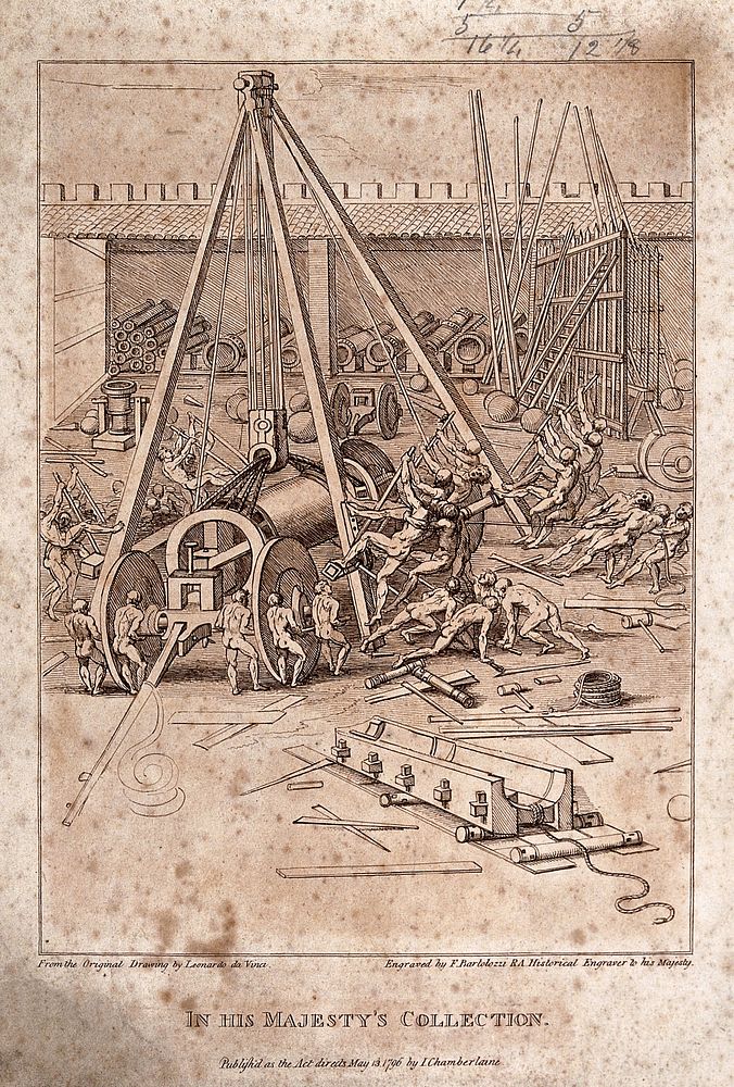 Engineering: a hoist in use at an arsenal. Engraving by F. Bartolozzi, 1796, after Leonardo da Vinci.