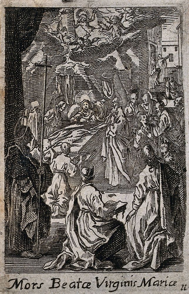 The beginning of the Dormition of the Virgin Mary, surrounded by the apostles. Etching.