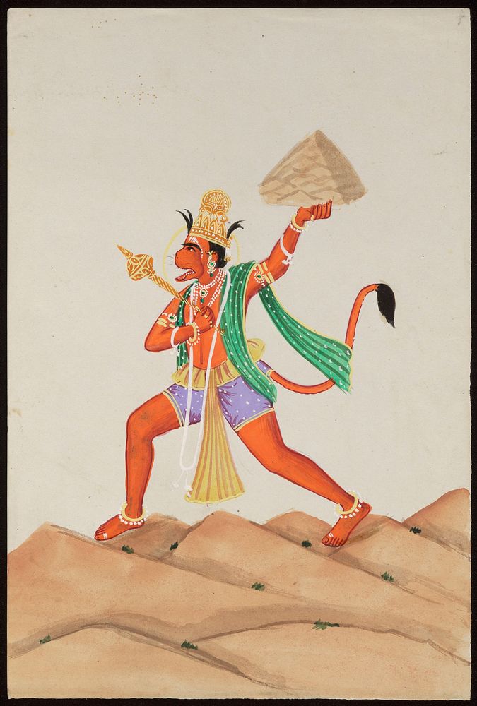 Hanuman, the monkey god, holds a mace in his right hand and a Himalayan mountain, with the herb sanjeevani , with his left.…
