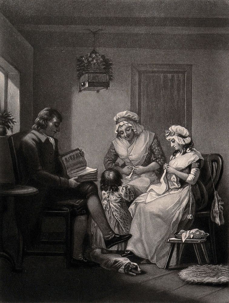 A domestic scene: a man reading a large book, one woman tending a child and another sewing. Mezzotint.