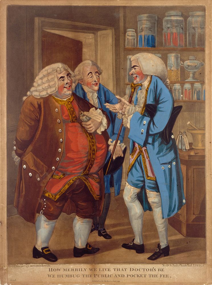 Three affluent doctors congratulating themselves on their profession. Coloured mezzotint, 1793, after Robert Dighton.