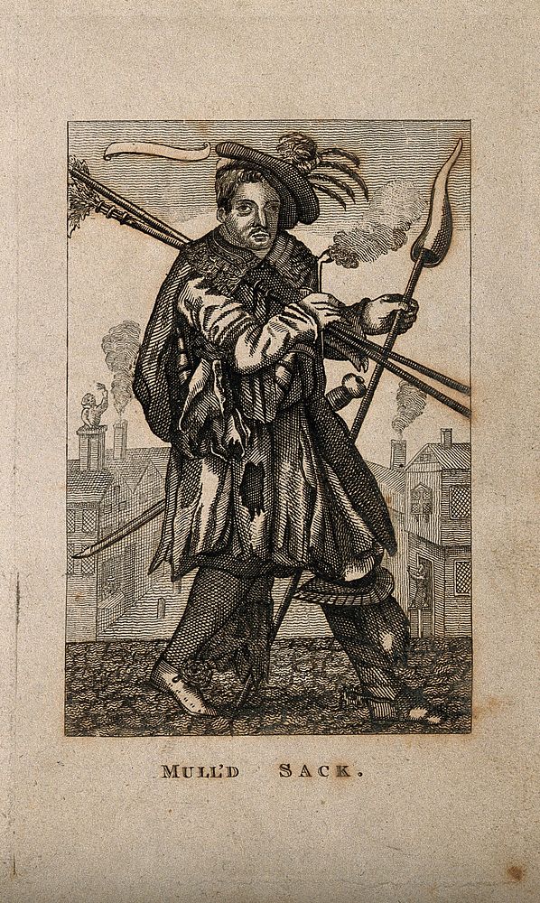 A man in eccentric military costume, perhaps personifying mulled sherry. Etching.