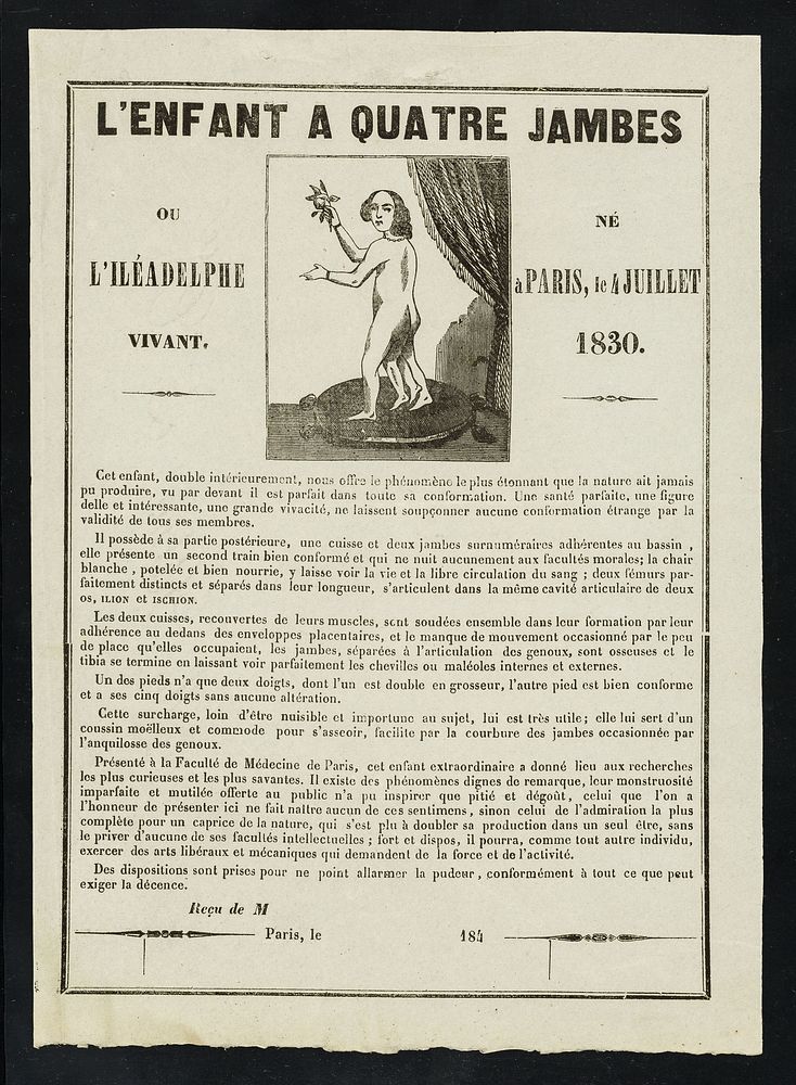 L'enfant à quatre jambes : ou l'iléadelphie vivant : né à Paris, le 4 juillet 1830.