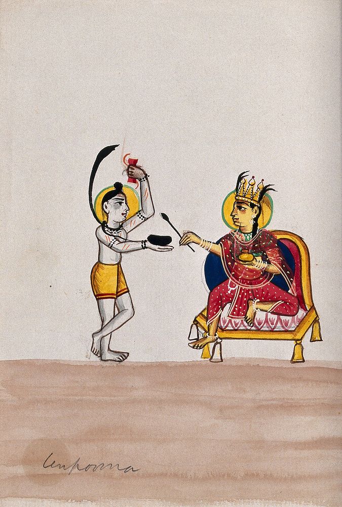Shiva begging from Annapurna. Gouache drawing.