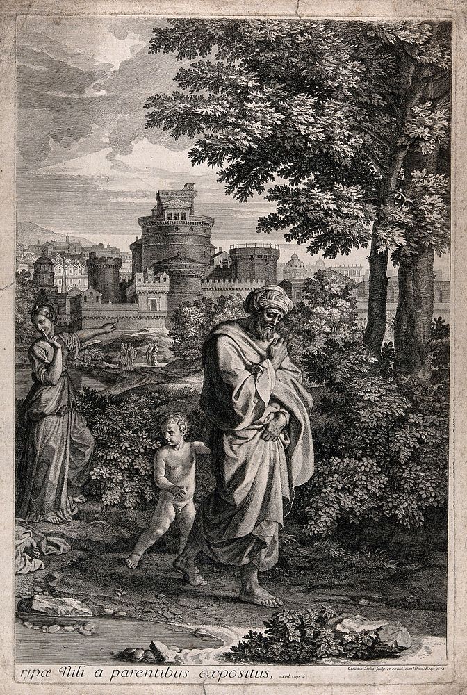 The child Aaron being led away by Moses' father, after abandoning Moses in the bullrushes. Etching by C. Bouzonnet-Stella…