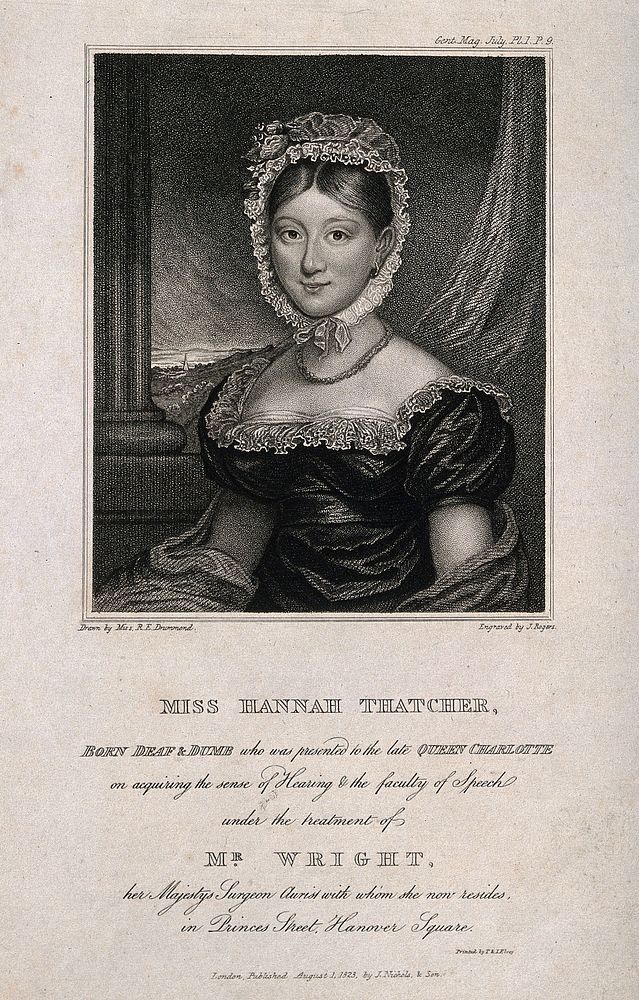 Hannah Thatcher, deaf and dumb since birth, taught to hear and speak by W. Wright. Stipple engraving by J. Rogers, 1823…