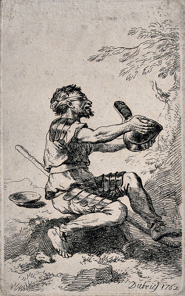 An old man with a blindfold and wearing parts of armour on his arms and legs is holding out a begging bowl. Etching by…