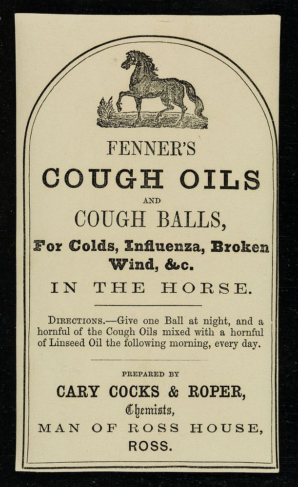 Fenner's Cough Oils and Cough Balls : for colds, influenza, broken wind, &c. in the horse... / prepared by Cary Cocks and…