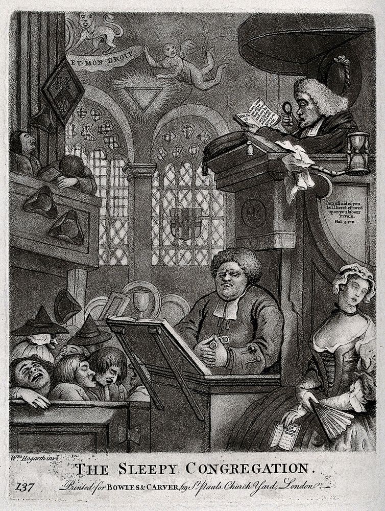 A clergyman reads the sermon with the aid of a magnifying glass to a sleeping congregation while another clergyman ogles a…