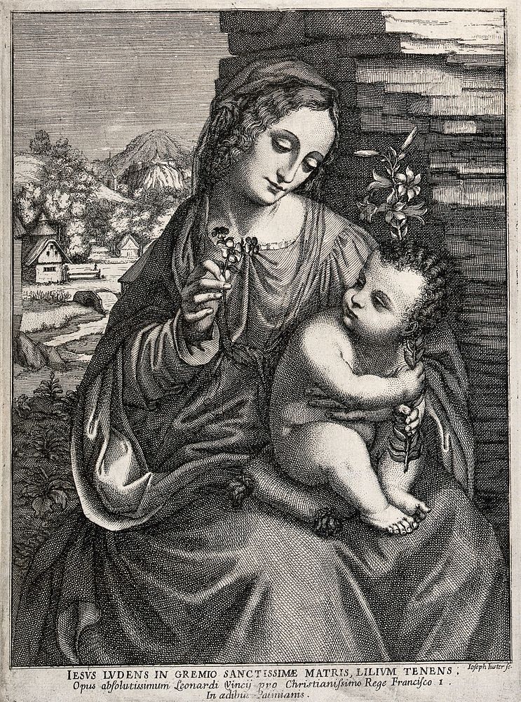 Saint Mary (the Blessed Virgin) with the Christ Child. Engraving by J. Juster after Leonardo.