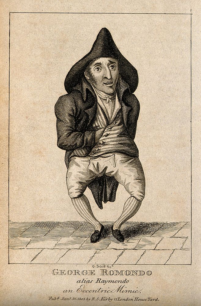 George Romondo, an eccentric mimic. Engraving by G. Scott, 1805.
