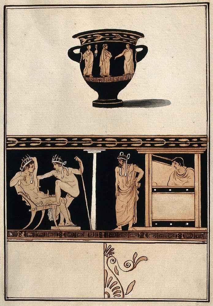 Above, a red-figured wine bowl (krater); below, decorative detail including an erotic  scene between two men. Watercolour by…