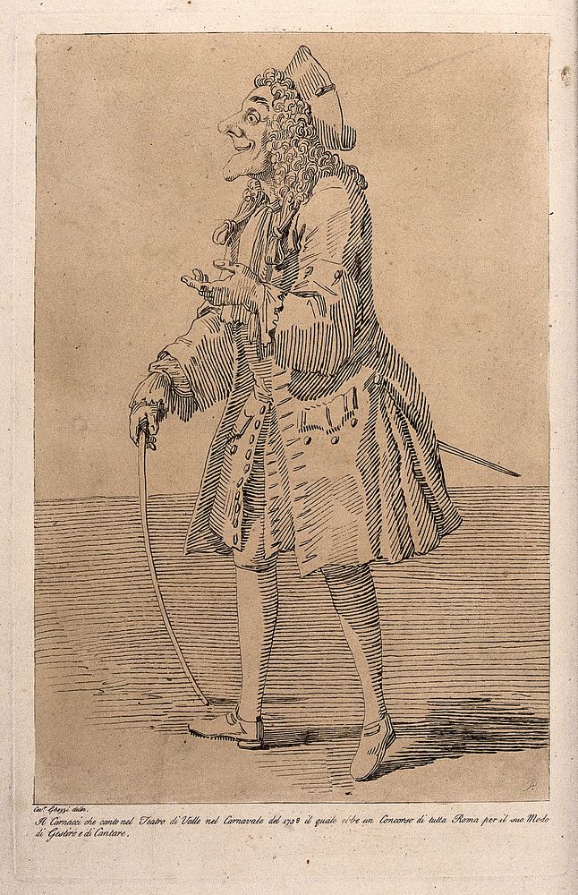 Francesco Baglioni, called Carnacci, actor-singer, carrying a stick, with his right hand raised. Etching by A. Pond after…