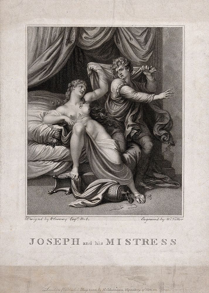 Potiphar's wife tumbles on her bed with a terrified Joseph. Stipple engraving by W. Nutter after R. Cosway, 1802.