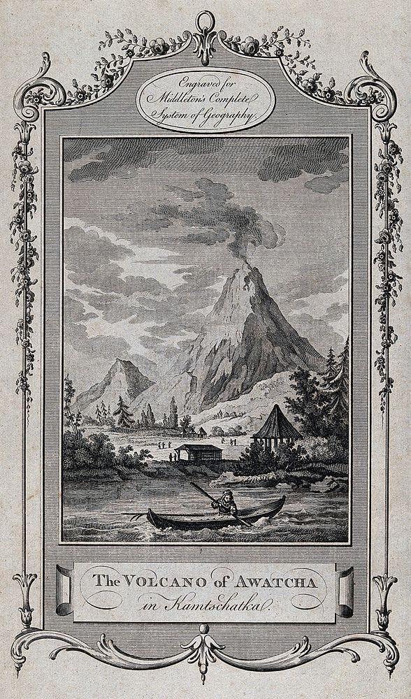 The volcano of Awatcha (Avacha) in Kamchatka, Siberia. Etching with engraving.