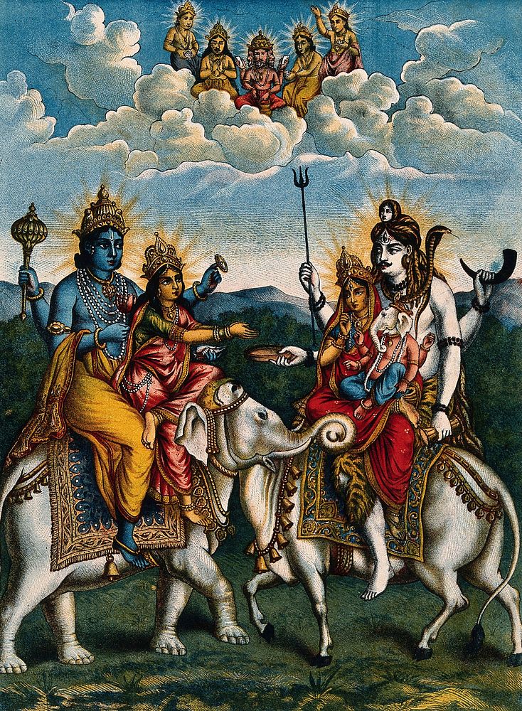 Vishnu and Lakshmi on an elephant meeting Shiva, Parvati and Ganesha on a bull while Brahma watches in heaven.…