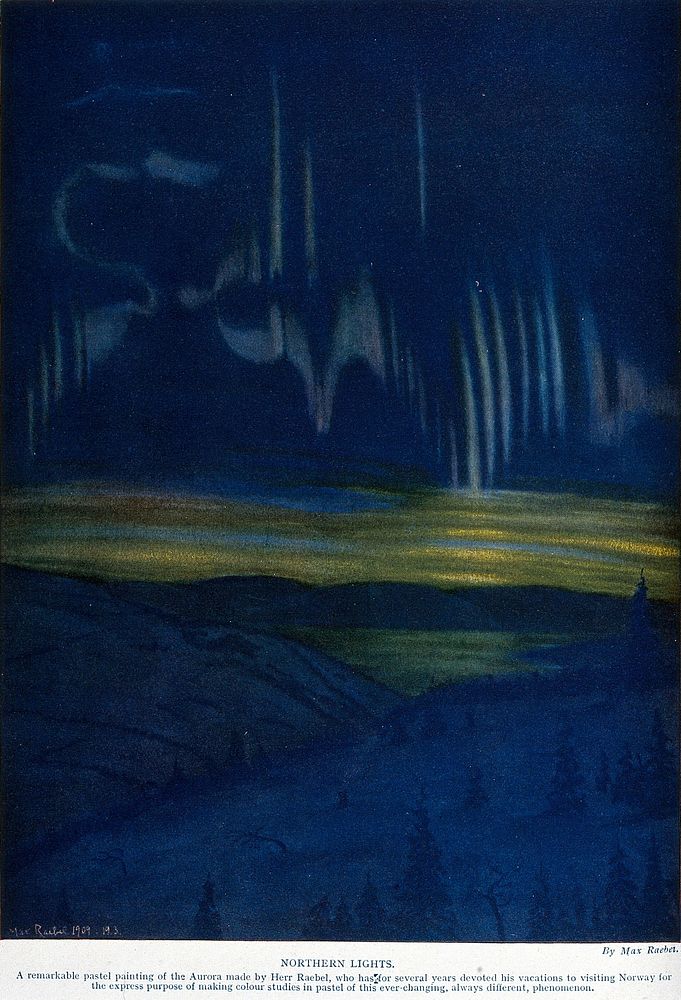 Astronomy: the Aurora Borealis, with pine trees in the foreground. Colour process print after by M. Raebel, 1909.